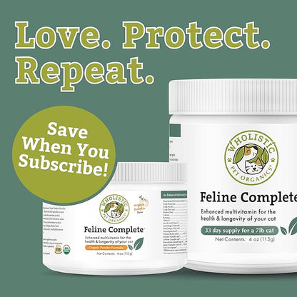 Wholistic Pet Organics Feline Complete Organic Pumpkin - 8 Oz - Multivitamin &amp; Probiotic Powder for Cats - Natural Cat Food &amp; Digestive Support