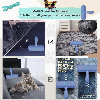 Pet Hair Removal Tool – Reusable Lint Roller for Dogs &amp; Cats – Self-Cleaning Fur Remover Brush – Ergonomic Lint Roller for Carpet, Bedding, Couch, Car Seat &amp; More (Blue)
