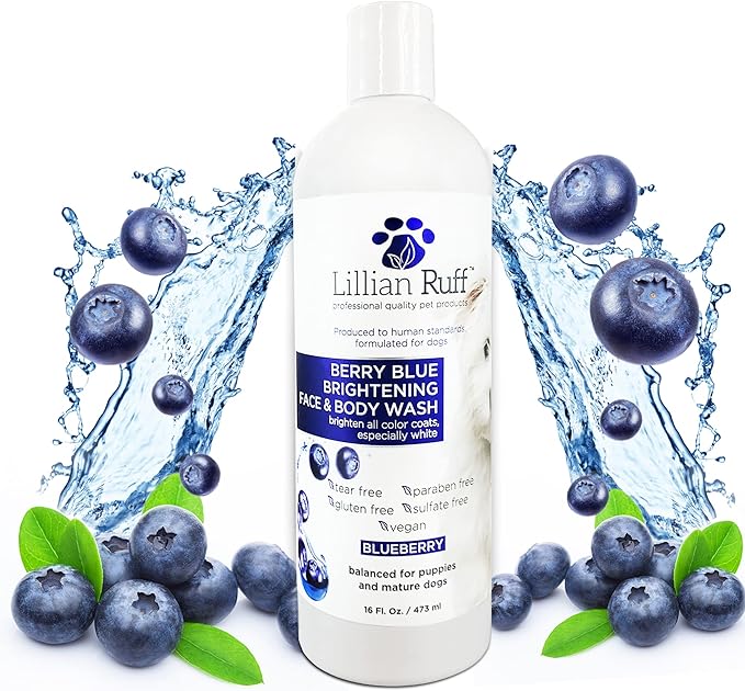 Lillian Ruff PRO Formula Berry Blue Brightening Pet Shampoo - Ultra-Hydrating Professional Whitening Dog Shampoo, Vivid Show-Quality Coat Enhancer, Tear Stain &amp; Odor Eliminator With ProVitamin B5 16oz
