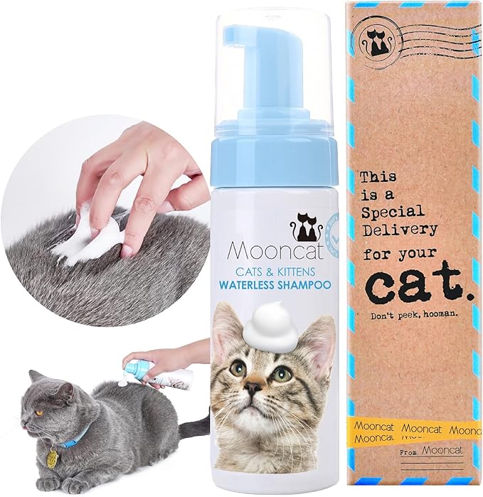 Mooncat Waterless Cat Grooming Bundle – No Rinse Foam Shampoo (5oz) + Cat Ear Cleaning Finger Wipes (40ct) | Licking Safe, pH Balanced, Dry Bath for Sensitive Cats, Removes Ear Wax &amp; Dirt, Daily Pet H
