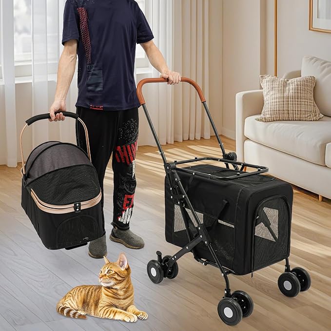 Double Pet Stroller with Detachable Carriers, Large Cat &amp; Dog Stroller with 4 Wheels, Foldable Pet Strollers Small &amp; Medium Dogs Cats 77lbs (Black)