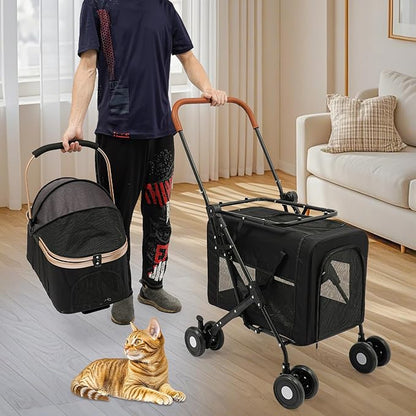 Double Pet Stroller with Detachable Carriers, Large Cat &amp; Dog Stroller with 4 Wheels, Foldable Pet Strollers Small &amp; Medium Dogs Cats 77lbs (Black)