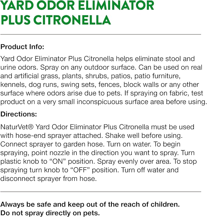 NaturVet – Yard Odor Eliminator Plus Citronella Spray – Eliminate Stool and Urine Odors from Lawn and Yard – Designed for Use on Grass, Patios, Gravel, Concrete &amp; More – 32oz with Hose Nozzle