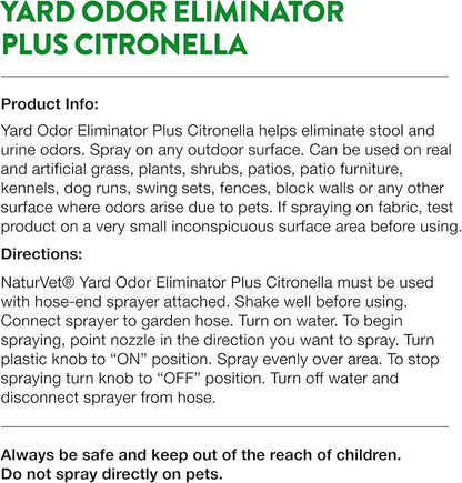 NaturVet – Yard Odor Eliminator Plus Citronella Spray – Eliminate Stool and Urine Odors from Lawn and Yard – Designed for Use on Grass, Patios, Gravel, Concrete &amp; More – 32oz with Hose Nozzle