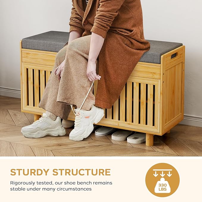 Shoe Storage Bench, Bamboo Entryway Bench with 2 Doors &amp; Padded Seat Cushion, 35.4" W x 12.6" D x 19.7" H, 2-Tier Shoe Rack with Lift Top Hidden Storage, for Entryway, Living Room, Bedroom, Natural