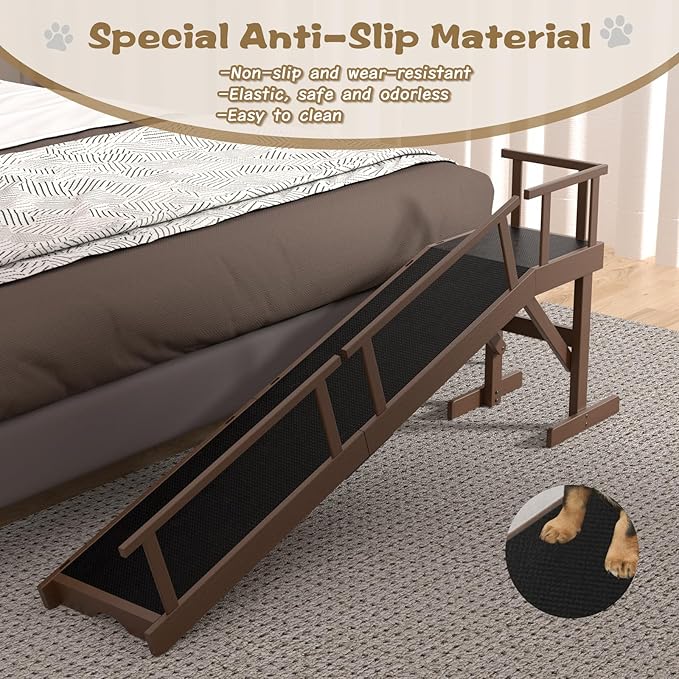 61" Dog Ramp for Bed, Pet Ramp with Removable Side Rail and Non-Slip Surface, Pet Ramp for Small &amp; Large &amp; Senior Dogs with Rest Platform and DIY Glow Strips,Dog Stairs for Couch, Brown