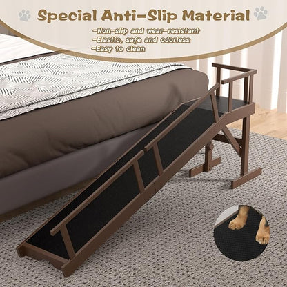 61" Dog Ramp for Bed, Pet Ramp with Removable Side Rail and Non-Slip Surface, Pet Ramp for Small &amp; Large &amp; Senior Dogs with Rest Platform and DIY Glow Strips,Dog Stairs for Couch, Brown