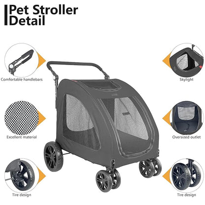 Extra Large Dog Stroller for Medium &amp; Large Pets - Foldable Design, Adjustable Handle, Up to 130 lbs(Black)
