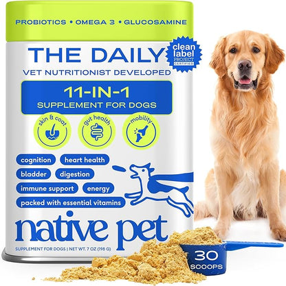 Native Pet Dog Vitamins &amp; Supplements - 11-in-1 Multivitamin Powder for Dogs Food Topper - Collagen, Glucosamine, Probiotics, Omega &amp; More- Supports Healthy Gut, Mobility &amp; Overall Health -30 Scoops