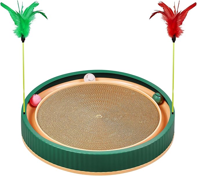 20-Inch Round Cat Scratcher with Ball Track – 3-in-1 Cardboard Scratching Pad with Feather Toy &amp; Non-Slip Base – Interactive Cat Toy for Indoor Cats, Kittens &amp; Large Cats (Green)