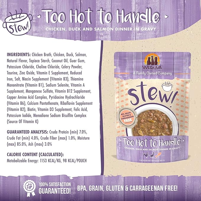 Weruva Classic Cat Stews!, Too Hot to Handle with Chicken, Duck &amp; Salmon in Gravy, 3oz Pouch (Pack of 12)