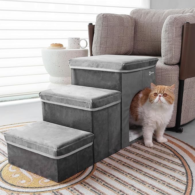 Foldable Pet Stairs for Beds &amp; Sofas - Non-Slip Dog Steps with Storage for Small to Medium Dogs &amp; Cats, Supports up to 120 lbs - Durable 2 &amp; 3-Step Doggie Ladder for Easy Access