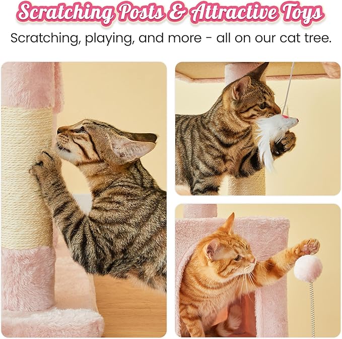 MWPO 70.1-Inch Pink Large Cat Tree, Multi-Level Tall Cat Tower for Indoor Cats, Plush Cat Condo with Big Padded Perches, Sisal-Covered Scratching Posts, Hammock, Toys for Kittens &amp; Cats