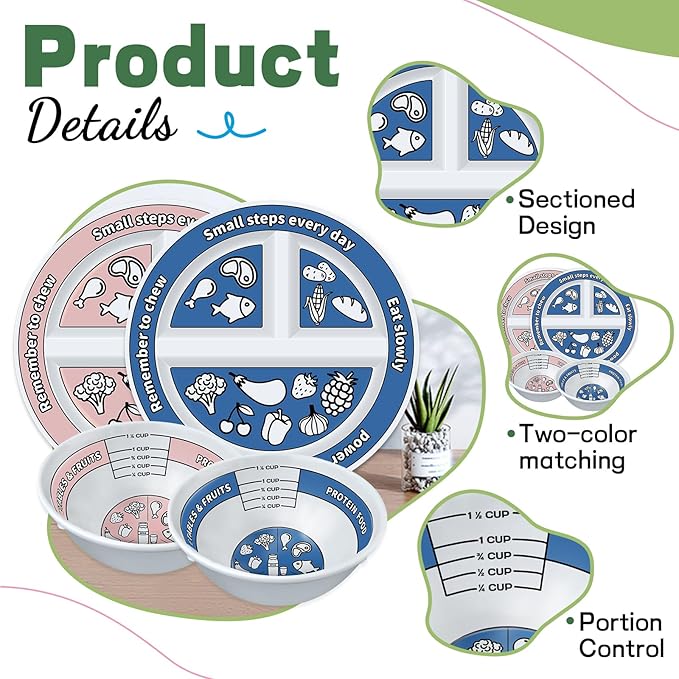 4 Pcs Portion Control Plates &amp; Bowls Set (2 Plates + 2 Bowls, 9 Inch) - Self-Measuring for Weight Loss, Gastric Bypass, LapBand, Diabetes &amp; Healthy Diets, Pink &amp; Blue, for Adults &amp; Children