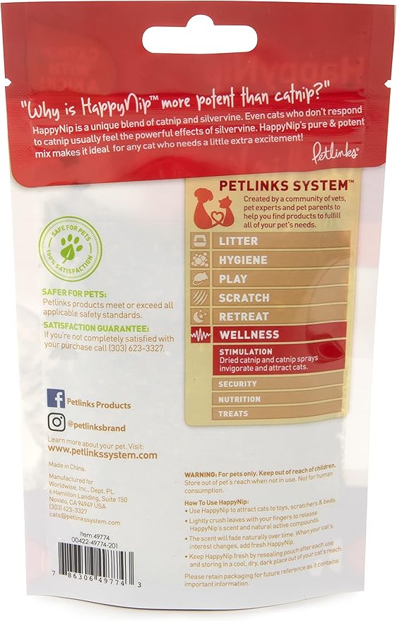 Petlinks HappyNip Catnip &amp; Silvervine Blend for Cats &amp; Kittens, Highly Potent Stimulant/Attractant, Great for Finicky Felines, Resealable Pouch - 0.5 oz