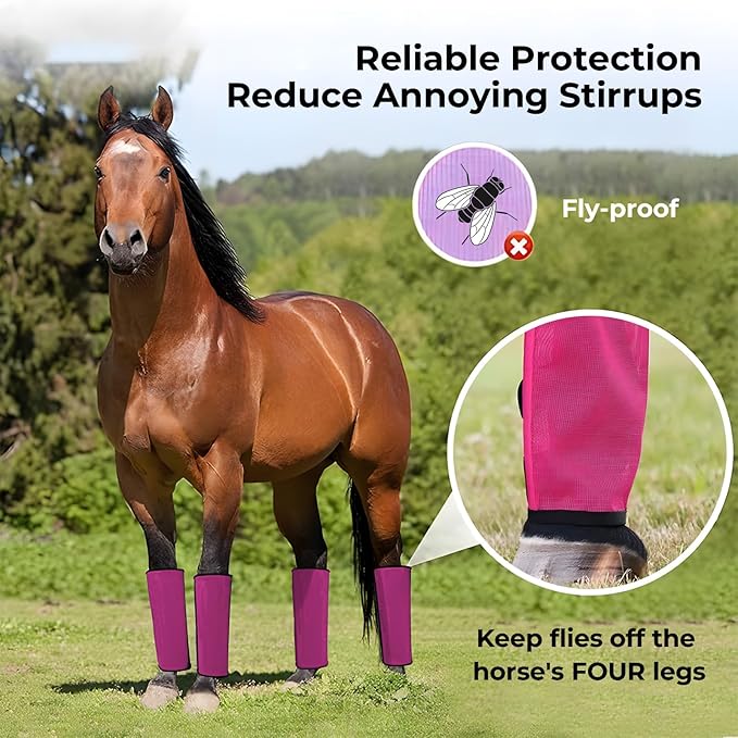 Mesh Horse Fly Boots Set of 4，Adjustable and Universal Loose Fitting &amp; Non-Slip Horse Fly Leggings for Horses,Reduce Stressful Stomping (Pink)