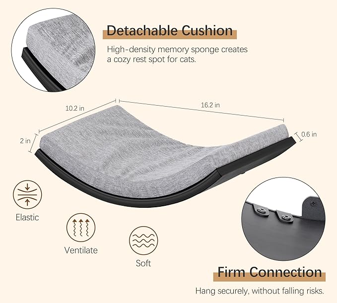 Curved Cat Wall Hammock Bed with Grey Foam Cushion – Floating Cat Wall Shelf Nest for Climbing, Sleeping &amp; Lounging