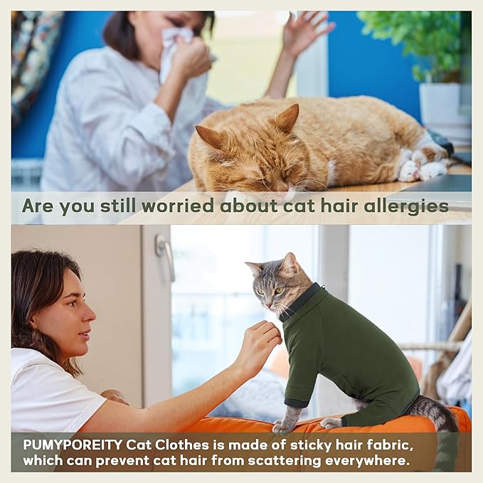 PUMYPOREITY Sticky Cat Clothes - Soft Cat Sweaters &amp; Pajamas for Recovery &amp; Hair Loss Prevention, Green, XS