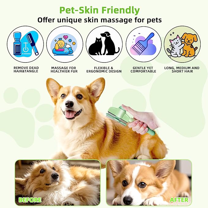 Pet Hair Removal Comb,New Cat Brush with Release Button,Pet Grooming Brush for Short&amp;Long Pet Hair,Deshedding Brush for Pet (green)