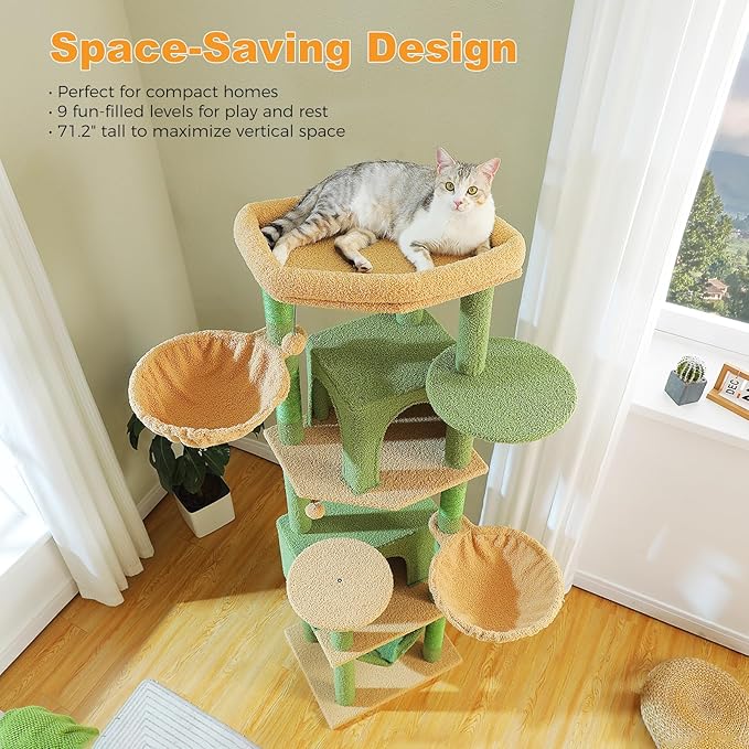 71.2" Large Cat Tree for Multi-Cat Households - 9-Level Cat Tower w/5 Sisal Scratching Posts, 2 Condos, Soft Hammock, Top Perch &amp; Pom Poms - Heavy-Duty Space-Saving Design, Cactus Green