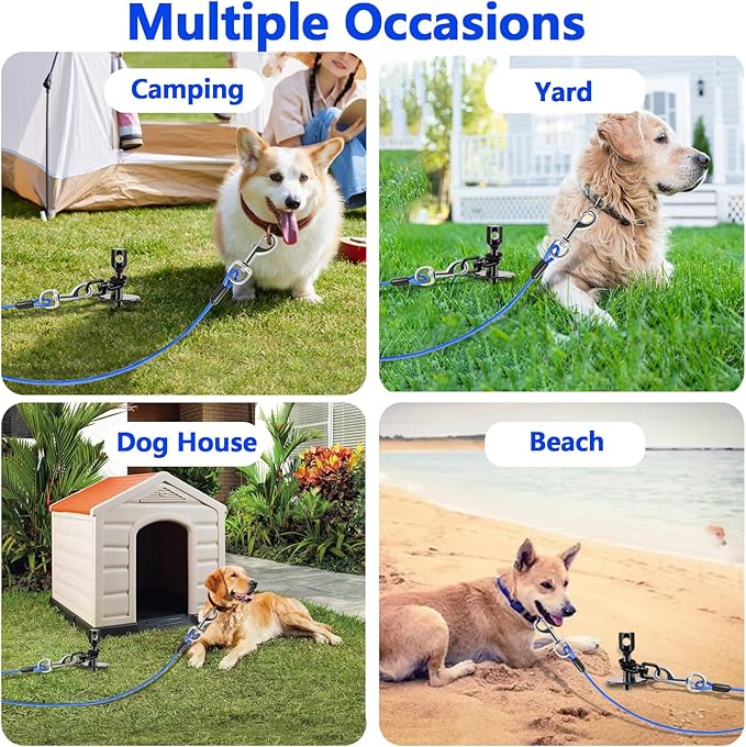 Heavy Duty Dog Tie Out Cable and Stake,30FT Rust Proof Dog Tether Leads for Yard,360°Swivel Spiral Dogs Stake&amp;Chain Up to 200 lbs, Ground Anchor for Outdoor Beach Camping