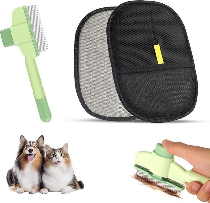 Flea Comb and Pet Hair Removal Glove for Cats &amp; Dogs Brush for Shedding Pet Hair Removal Comb with Long &amp; Short Stainless Steel Teeth for Deshedding &amp; Clothing/Couch/Furniture/Carpet/Car Seat