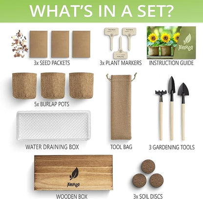 Wildflower Seed Mix Growing Kit - Includes Perennial &amp; Annual Wild Flowers, Burlap Planters, Soil, Wooden Box, and Gardening Tools for Indoor Garden and Patio Planting