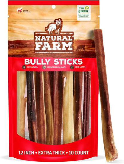 Natural Farm Odor-Free Thick Bully Sticks (12”, 10-Pack) All-Natural Long-Lasting Dog Chews, 100% Beef Pizzle, Grass-Fed, Grain-Free, Protein for Muscle Development &amp; Energy, Perfect for Large Dogs