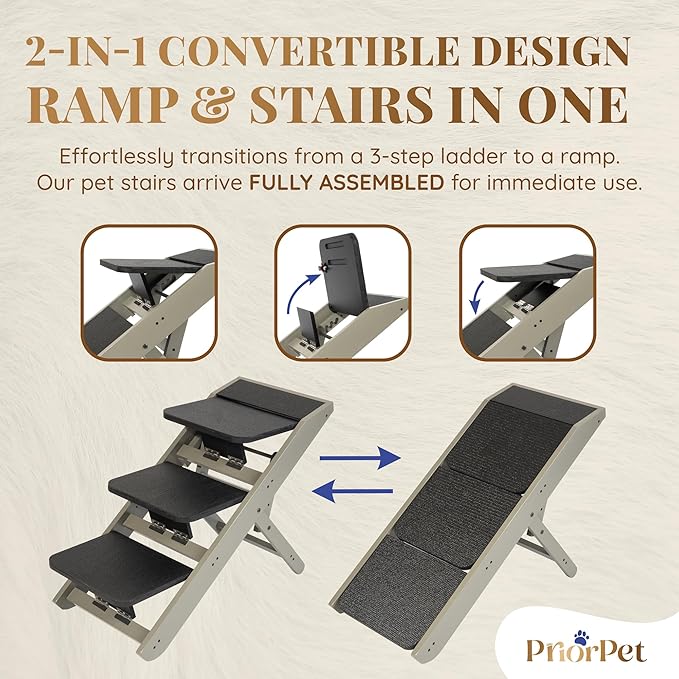 Dog Steps for Bed &amp; Couch 2-in-1 Dog Stairs/Ramp - Height Adjustable Dog Ramp for Couch 7” - 20” - Pet Stairs, Dog Stairs for Small Dogs - Easy to Move Pet Steps with Landing Platform, Gray