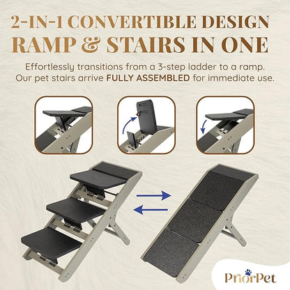 Dog Steps for Bed &amp; Couch 2-in-1 Dog Stairs/Ramp - Height Adjustable Dog Ramp for Couch 7” - 20” - Pet Stairs, Dog Stairs for Small Dogs - Easy to Move Pet Steps with Landing Platform, Gray