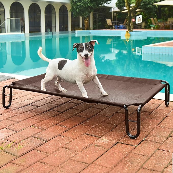 pettycare Elevated Outdoor Dog Bed - Raised Cots Beds for Small Dogs, Waterproof Pet Hommock Easy to Assemble, Cooling with Teslin Mesh, Durable, Non Slip, Indoor &amp; Outdoor, Up to 35 lbs, Brown