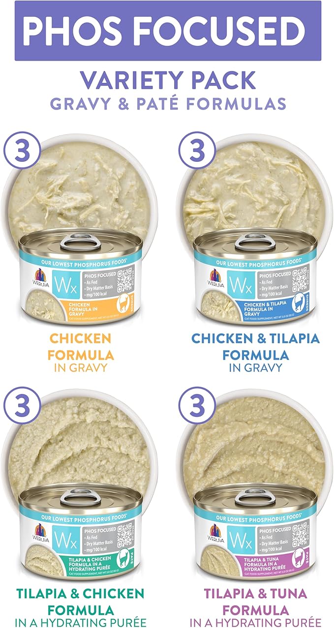 Weruva Wx Phos Focused, Pate &amp; Gravy Formulas Variety Pack, 3oz Can (Pack of 12)