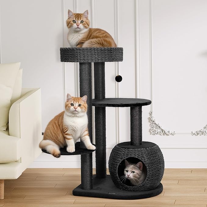 KAMABOKO Modern Cat Tree, 39" Tall Cat Tree Black for Kittens Climb Play &amp; Rest, Cat Trees for Indoor Cats w/Natural Sisal Scratching Posts, Hand-Woven Condo &amp; Top Perch