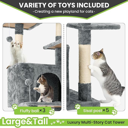 69in Large Cat Tree Tower for Indoor Cats with Soft Plush Hang Ball, Two Condos, Sisal Scratch Posts &amp; Rope Play for Kittens/Adult Cats, Grey