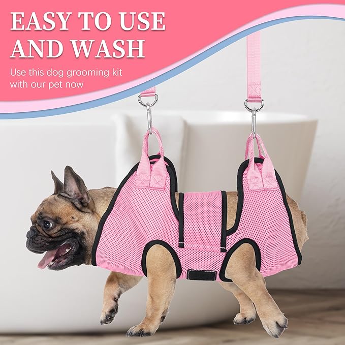 PatiencET Dog Grooming Hammock, Pet Grooming Hammock for Cats &amp; Dogs with Security Strap, Dog Sling for Nail Trimming with Nail Clippers/Trimmer, Nail File, Pet Comb(Pink S)