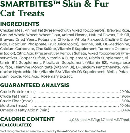 Greenies Feline Smartbites Skin &amp; Fur Health Crunchy and Soft Cat Treats, Chicken Flavor, 16 oz. Tub
