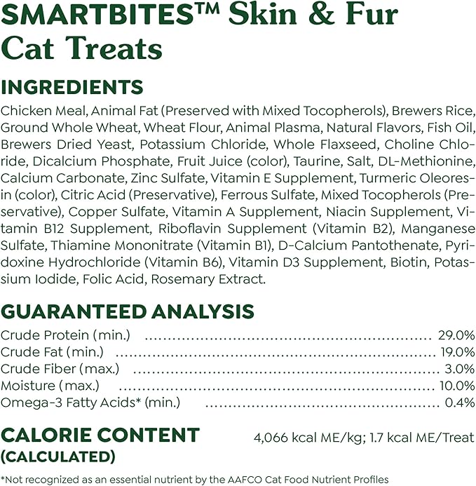 Greenies Feline Smartbites Skin &amp; Fur Crunchy and Soft Cat Treats, Chicken Flavor, 4.6 oz. Pack