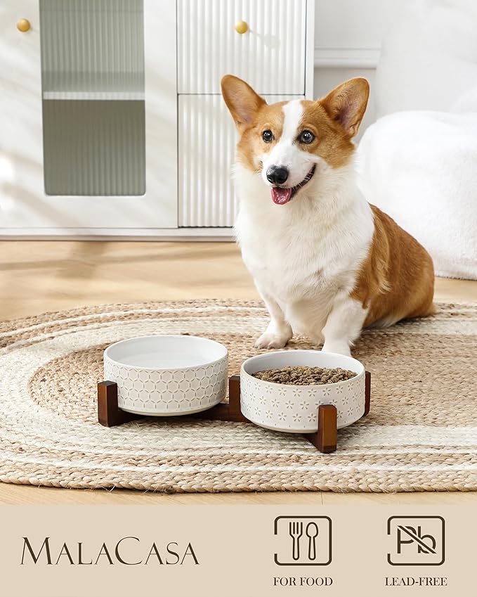 MALACASA Dog Bowl Set with Walnut Wood Stand, 3.5 Cups Ceramic Pet Bowls for Puppy Dogs, Dual Food and Water Bowls with Non-Slip Base, Basic Bowls for Your Dog or Cat, Five-Leaf Grass &amp; Honeycomb