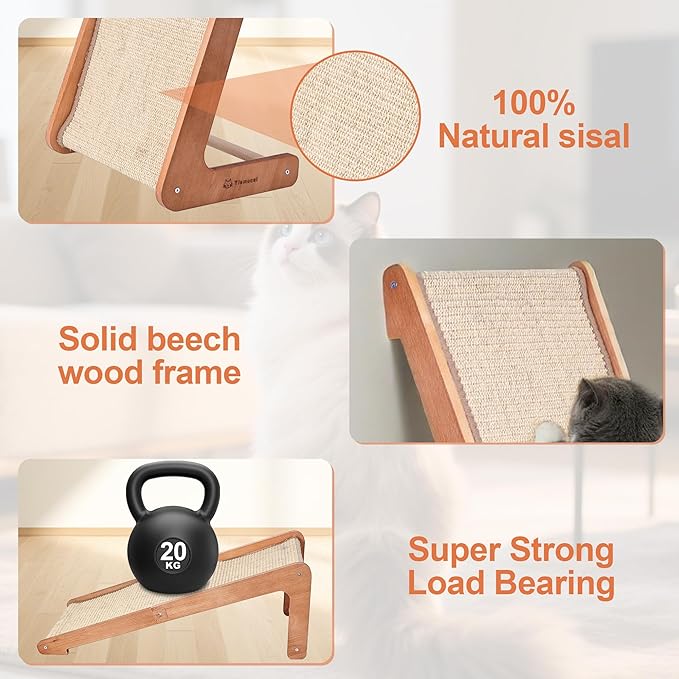 L-Shaped Cat Scratching Post - Beechwood Base, 28.5" Natural Sisal Woven Cat Scratch Pad, Durable Cat Scratcher, Furniture Protector for Cats&