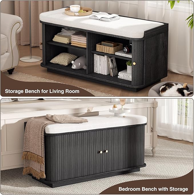 Dark Grey 39.4" W 2-Tier Shoe Bench with Storage | Entryway Bench with Padded Cushion, Sliding Doors &amp; 5 Hooks