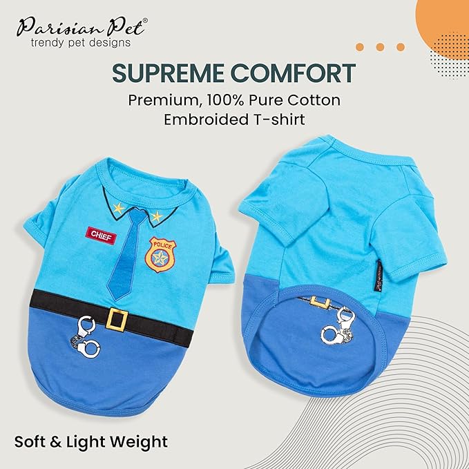 Parisian Pet Dog Shirt - Embroidered Police Costume - 100% Cotton &amp; Polyester Pet Clothes - Sleeved Cop Costume - Blue Large Dog XL