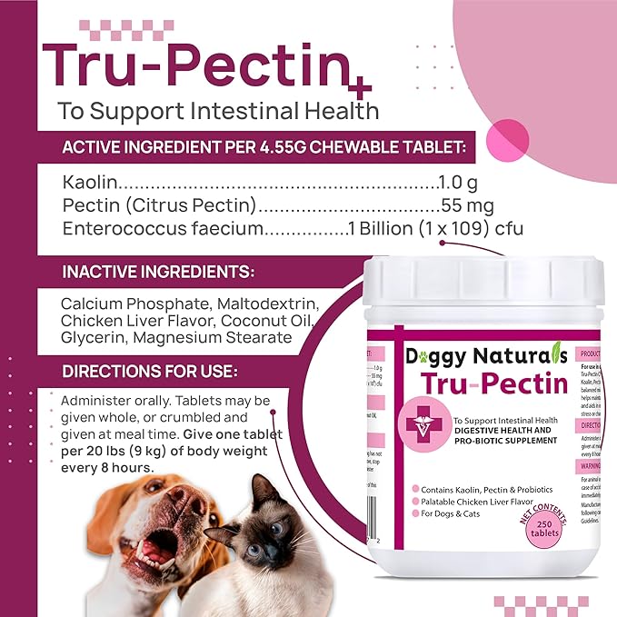 Tru-Pectin Anti-Diarrheal for Dogs &amp; Cats, 250 Tablets– Chicken Liver Flavor –Helps Reduce Occasional Loose Stool &amp; Diarrhea, Balance Gut pH, Support Normal Digestion &amp; Gut Flora -Made in USA