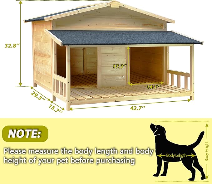Large Outdoor Wooden Dog House – Weatherproof Double Kennel with Asphalt Roof &amp; Covered Porch, Ideal for Medium to Large Breeds