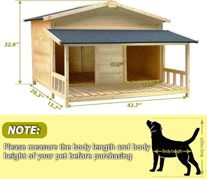 Large Outdoor Wooden Dog House – Weatherproof Double Kennel with Asphalt Roof &amp; Covered Porch, Ideal for Medium to Large Breeds