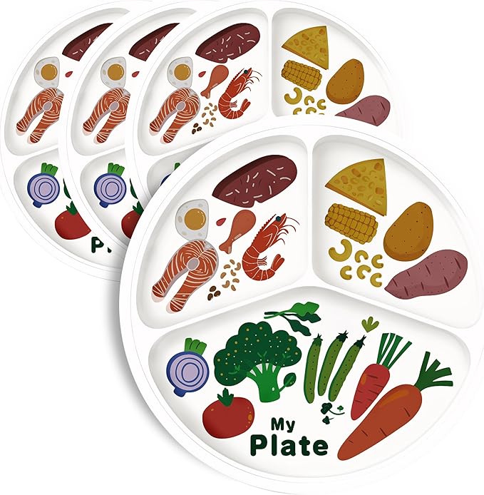 10" 3-Grid Cute Cartoon Portion Control Plate - Melamine, Healthy Nutrition for Weight Loss &amp; Diabetes Management, Ideal for Adults &amp; Teens Kids (4 Pack)