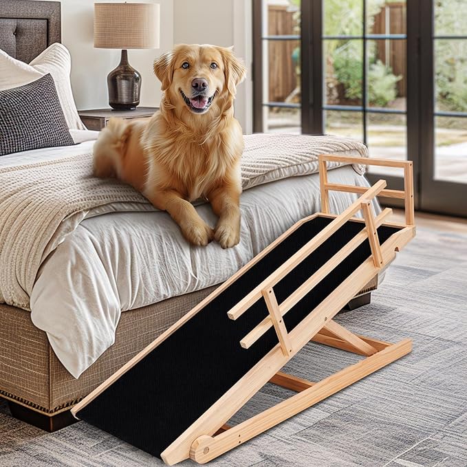 Dog Ramp, 5 Level Adjustable Wooden Folding Pet Ramp for Middle Bed, Couch,SUV-High Traction, Portable Paw Ramps for Small &amp; Large Old Dogs &amp; Cats - Furniture Quality