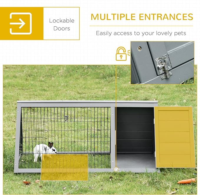 PawHut 46" x 24" Wooden A-Frame Outdoor Rabbit Hutch, Small Animal Cage, Bunny Hutch with Outside Run &amp; Ventilating Wire, Gray