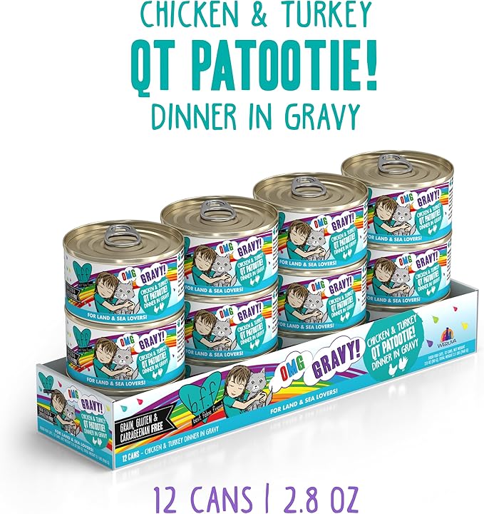 Weruva B.F.F. OMG - Best Feline Friend Oh My Gravy! Grain-Free Wet Cat Food Cans, QT Patootie! Chicken &amp; Turkey, 2.8 oz Can (Pack of 12)