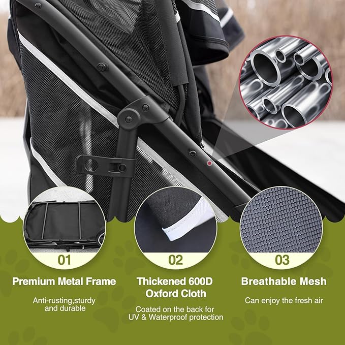 Dog Stroller for Medium/Large Dogs One-Click Folding, Extra Large Pet Stroller for 2 Dogs with Storage Pocket &amp; Shock Absorption, Up to 130 lbs, Grey