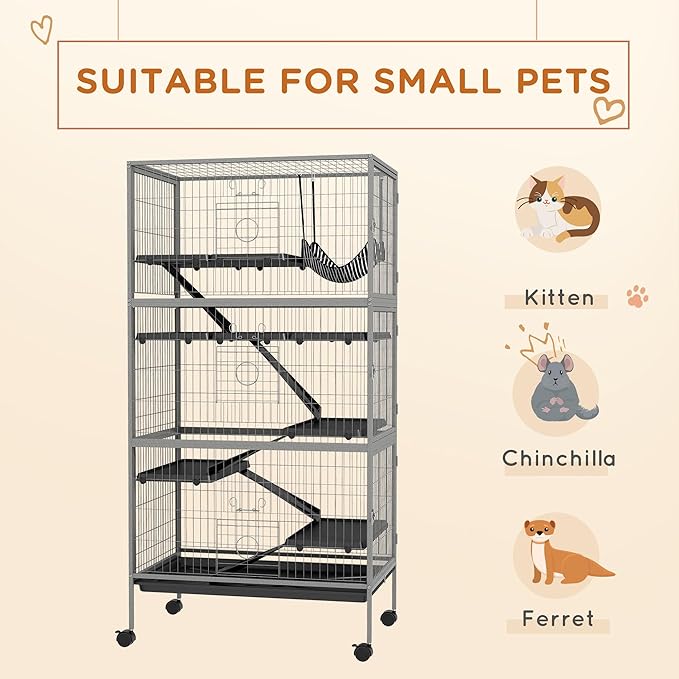 PawHut 63" 6-Tier Small Animal Cage, Ferret Cage, Large Chinchilla Cage with Hammock Accessory &amp; Heavy-Duty Steel Wire, Small Animal Habitat with 6 Doors, Removable Tray, Gray